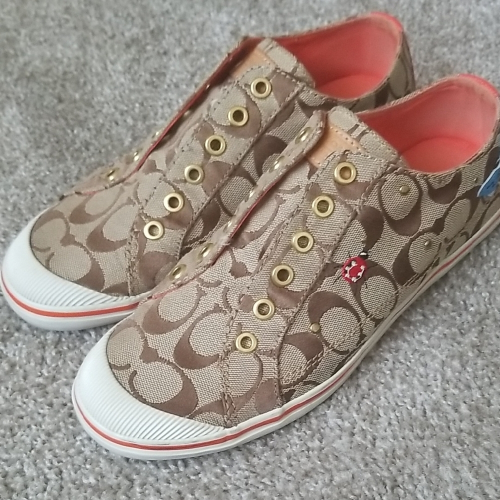 Coach Tan and Brown Sneakers with Signature Monogram Size 9